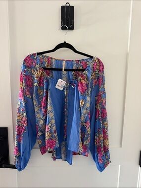 Free People Blue Floral Off-Shoulder Peasant Blouse